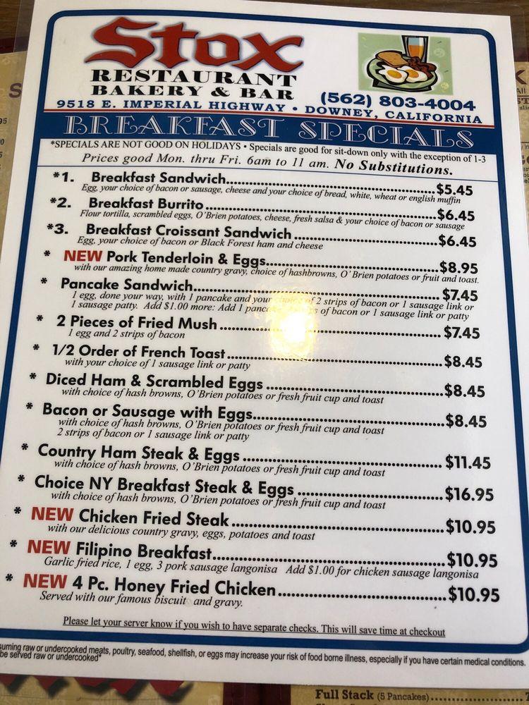 Menu at Stox Restaurant Bakery & Bar, Downey