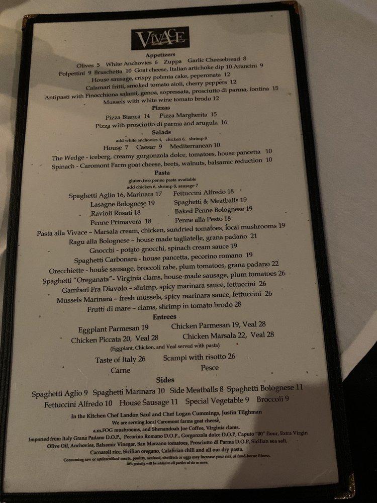 Menu at Vivace restaurant, Charlottesville