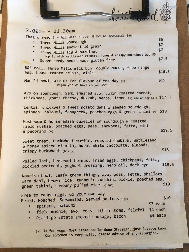 Menu at Birchwood cafe, Jindabyne