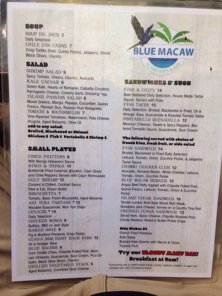 Menu at Blue Macaw restaurant, Key West