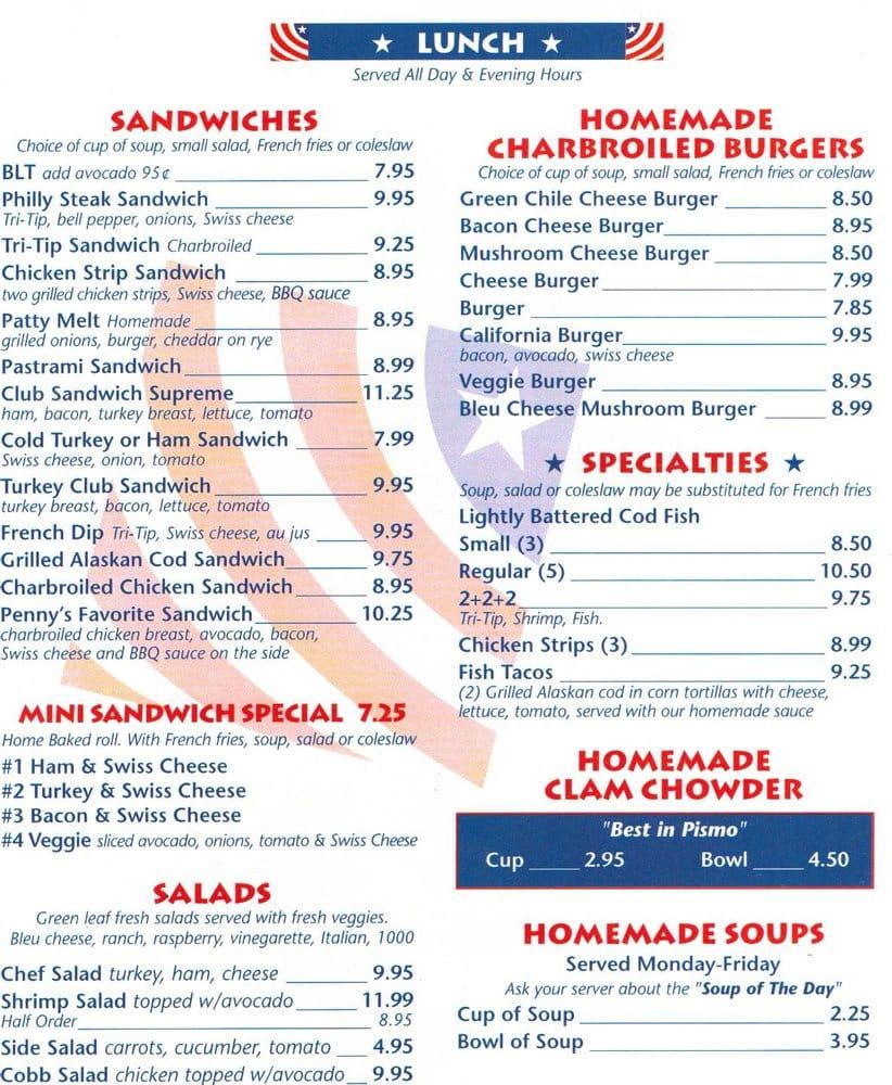 Menu At Penny's All American Cafe, Pismo Beach, Price St