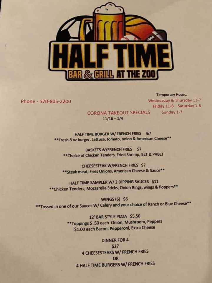 Menu at Half Time Bar and Grill At The Zoo, Lansford