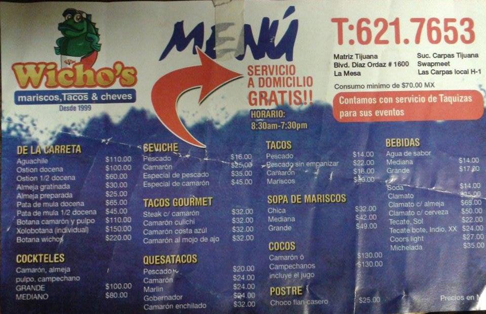 Carta del restaurante Wicho's Mariscos, Tijuana, Blvd. Gustavo Diaz Ordaz  949