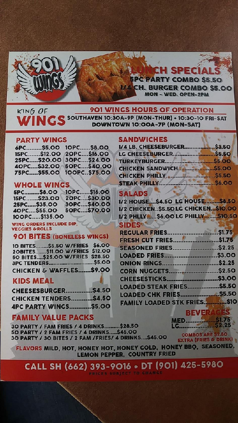 Menu At 901 Wings Restaurant Southaven Stateline Rd W