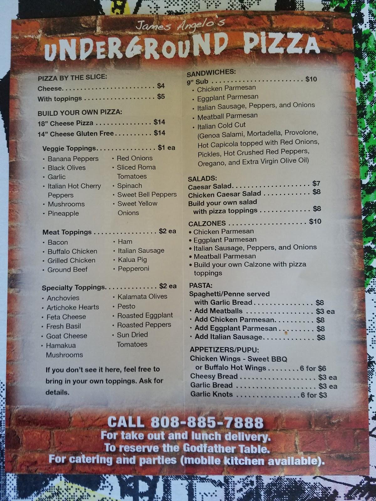 Menu at James Angelo's Underground Pizza pizzeria, Waimea