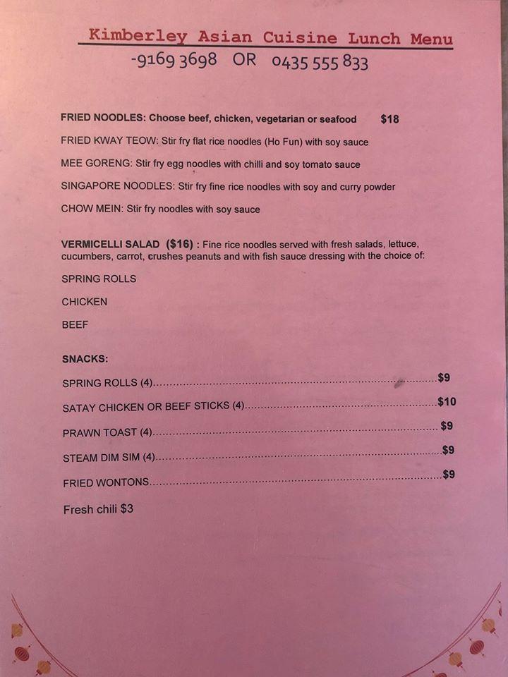 Menu at Kimberley restaurant, Kununurra