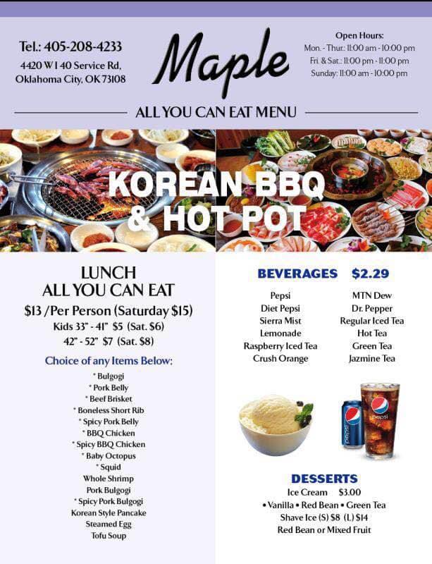 Menu at Maple Korean BBQ & Hot Pot, Oklahoma City