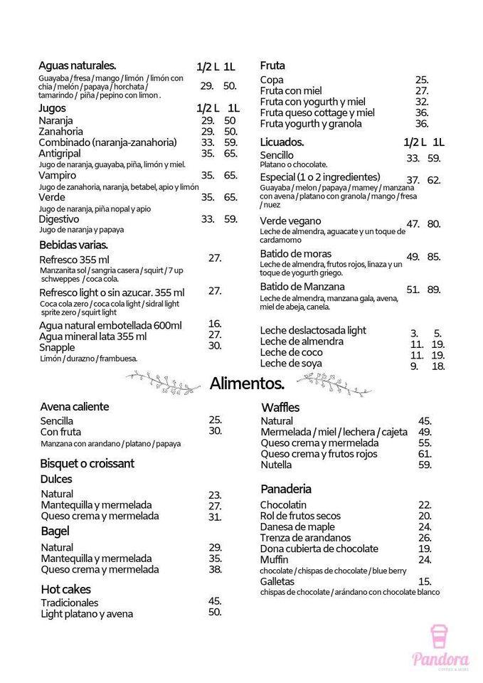 Carta de cafetería Pandora Coffee & More Zona Azul, Naucalpan de Juárez