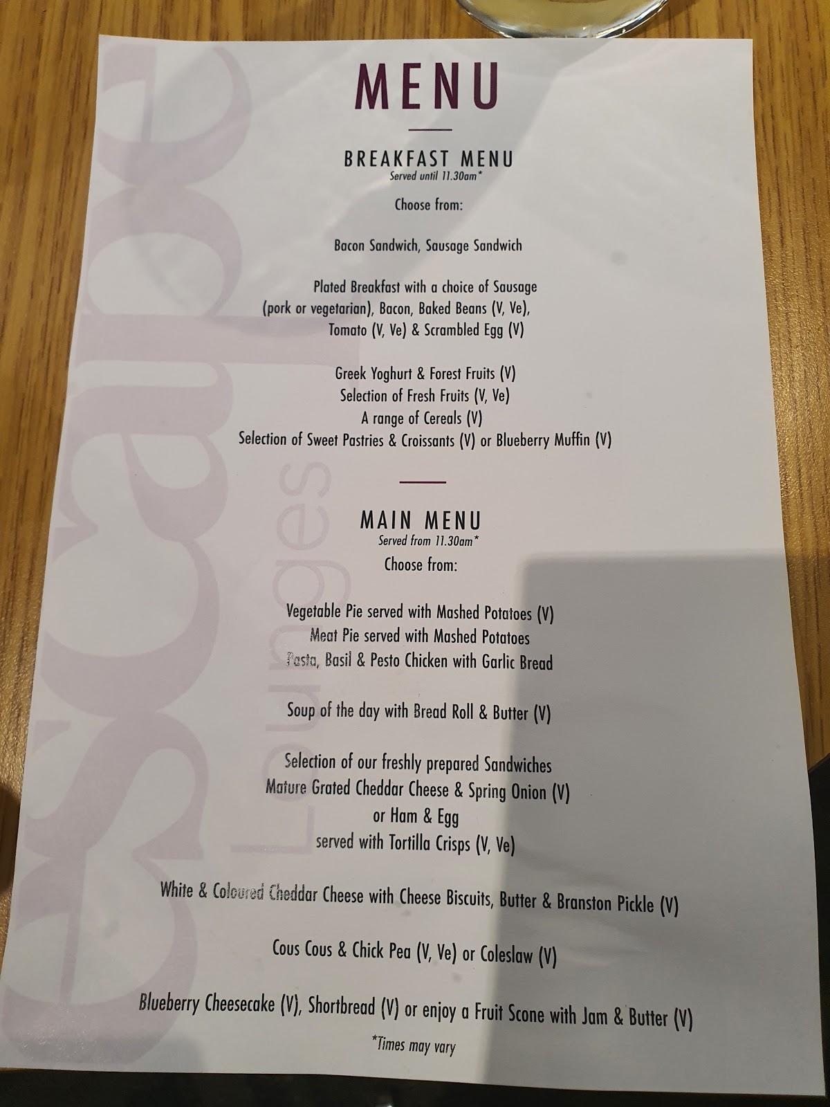 Menu at Escape Lounge T1 restaurant, Manchester, Terminal 1