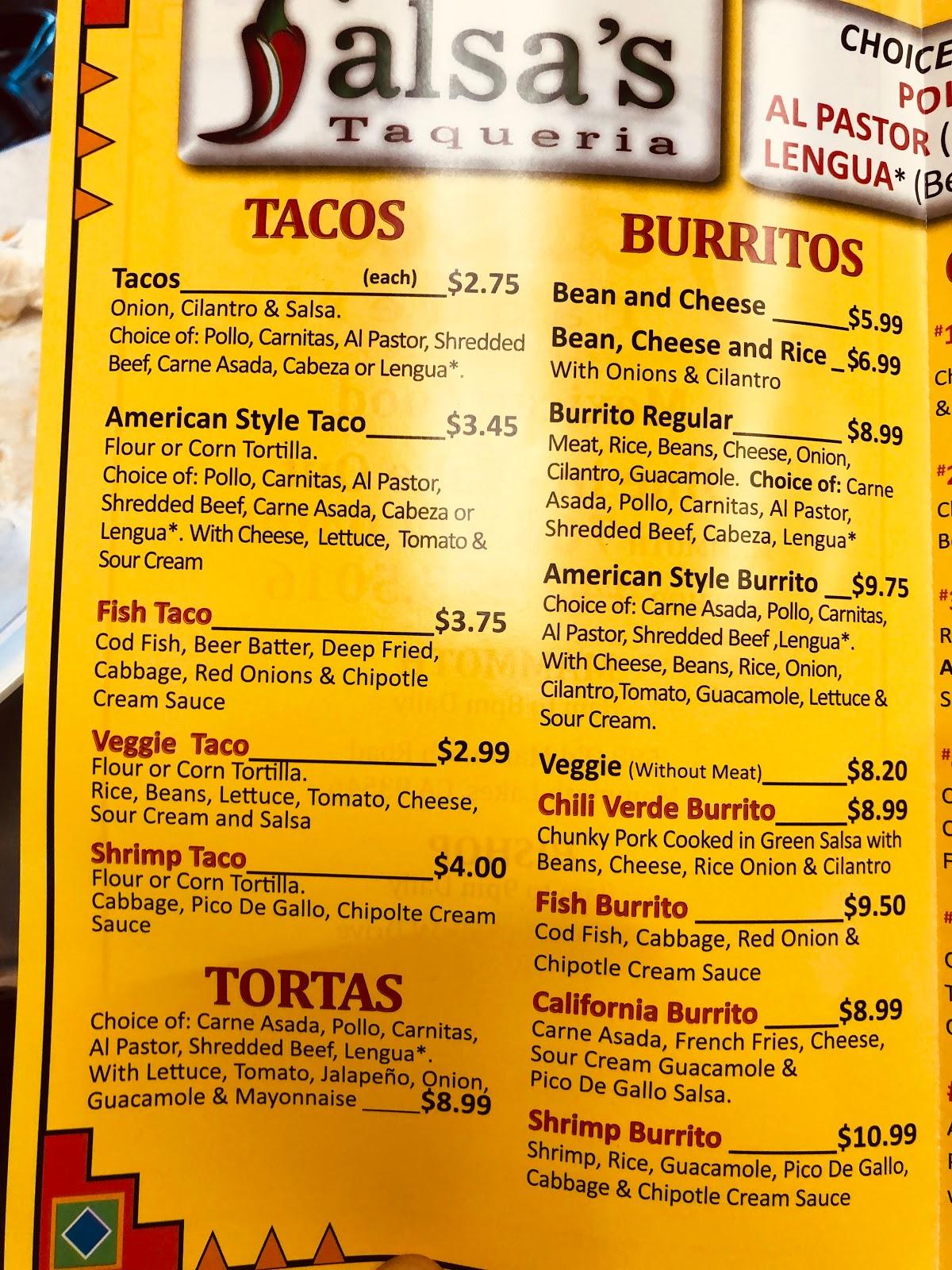 Menu at Salsa's Taqueria Mammoth Lakes restaurant, Mammoth Lakes