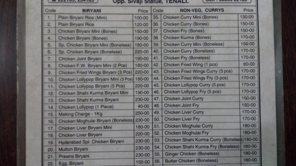 Menu at Hyderabadi Biryani Center, Tenali