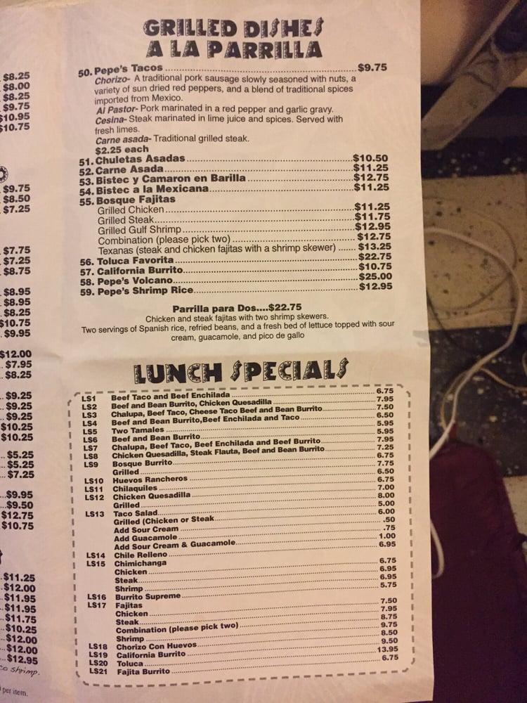 Menu at Pepe’s Bosque Mexican Grill restaurant, D'Iberville