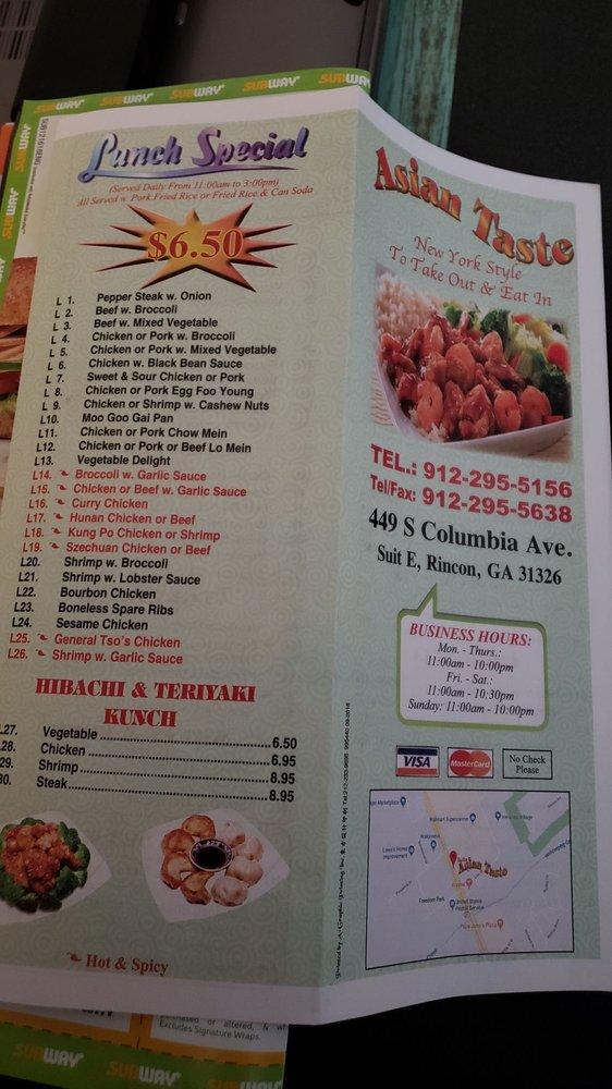 Menu at Asian Taste restaurant, Rincon