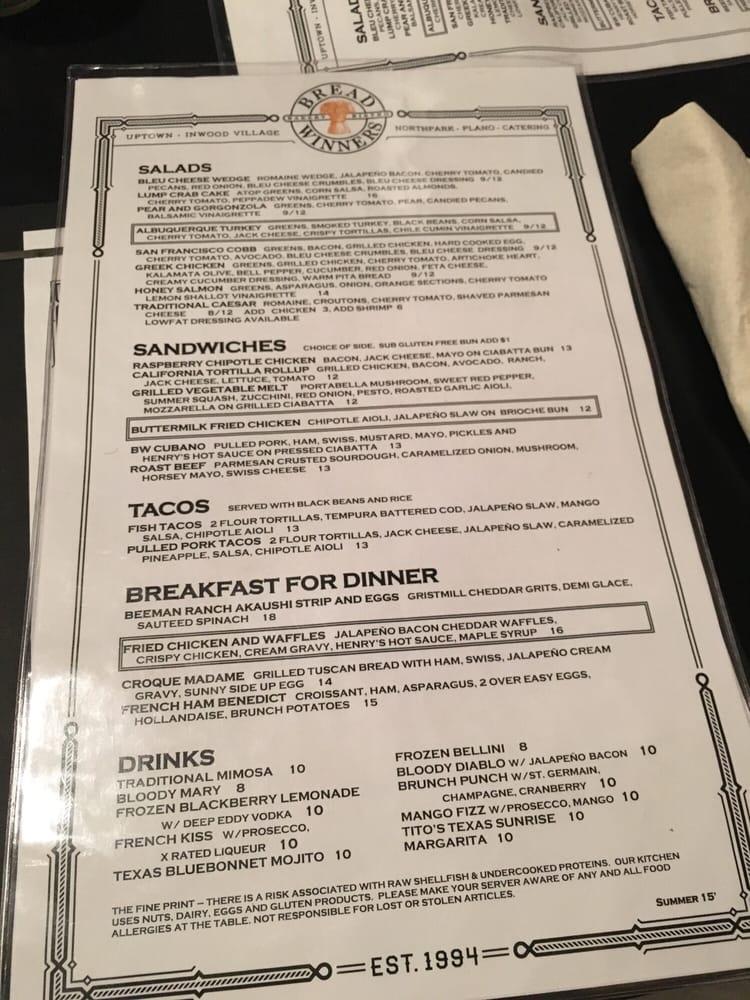 Menu at Bread Winners Cafe & Bakery, Dallas, McKinney Ave