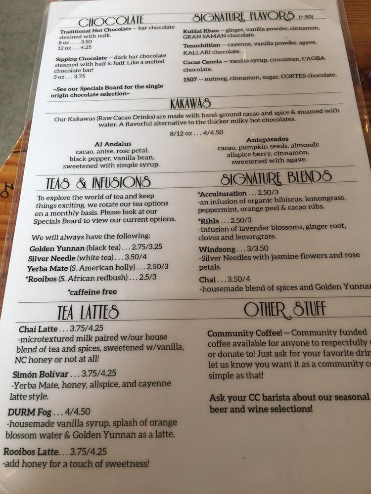 Menu at Cocoa Cinnamon cafe, Durham, 420 W Geer St