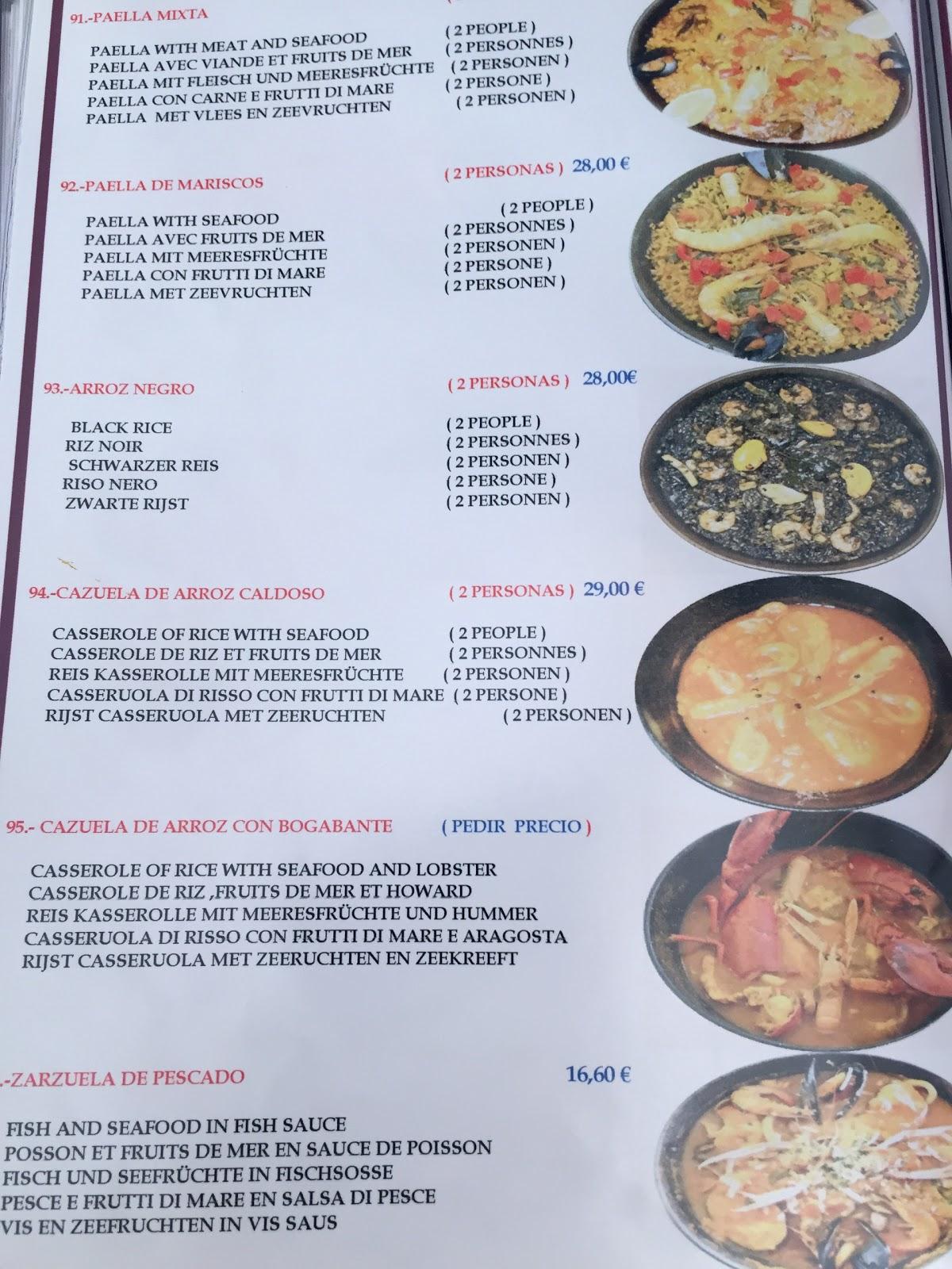 Menu at Restaurante la Paella, Torremolinos