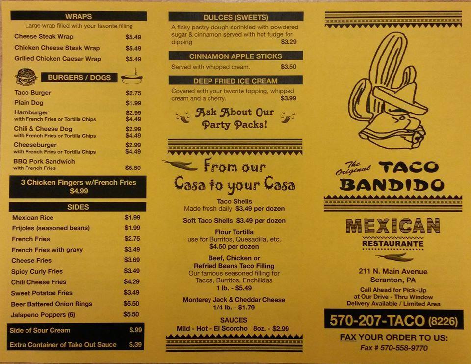 Menu at Taco Bandido restaurant, Scranton