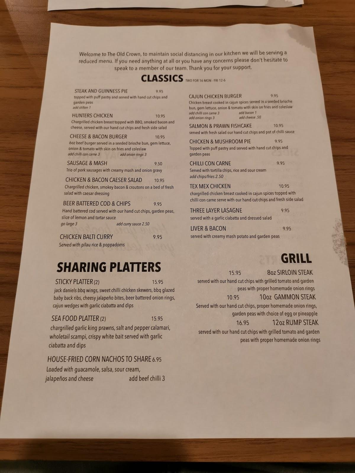 Menu at The Old Crown pub & bar, Coventry, 466 Aldermans Green Rd