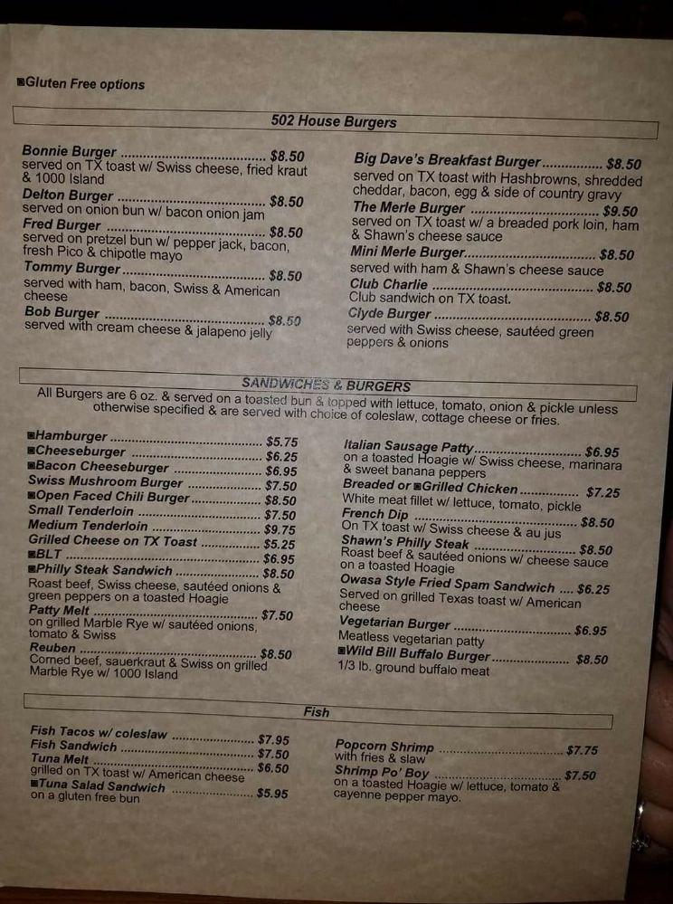 Menu at 502 Grill House pub & bar, Iowa Falls