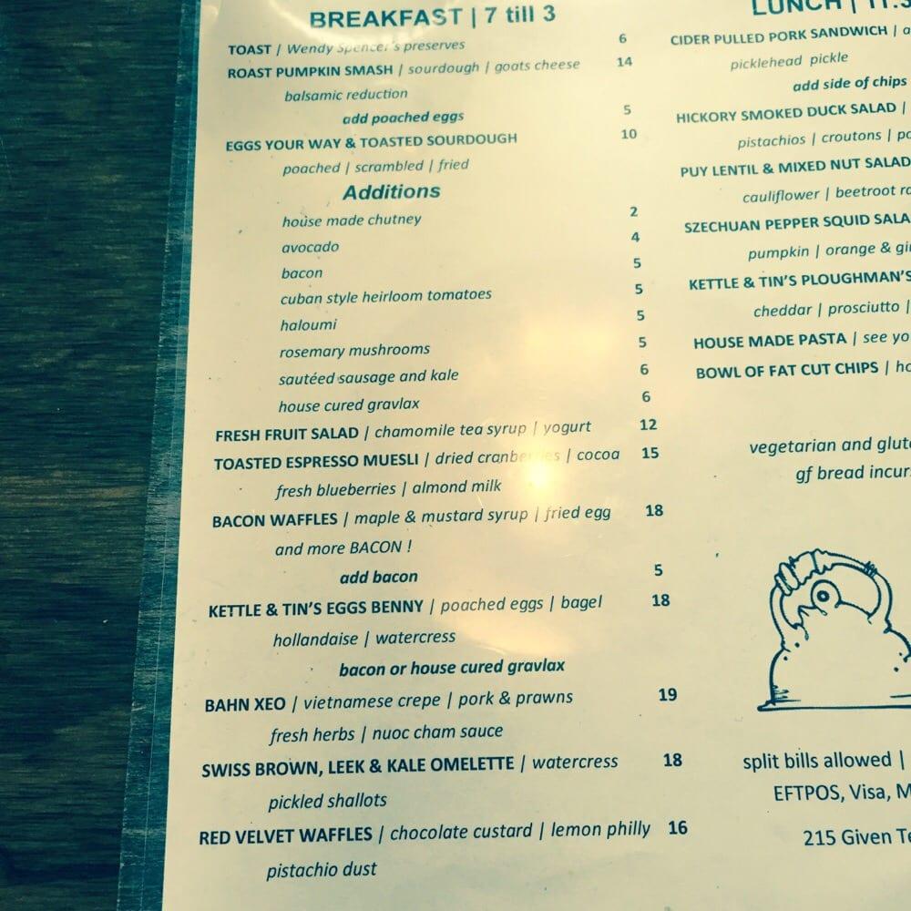 Menu at Kettle & Tin restaurant, Paddington
