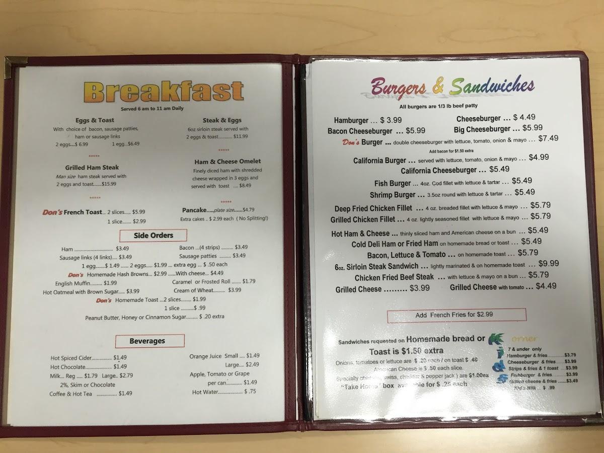 Menu at Don's Cafe, Morris