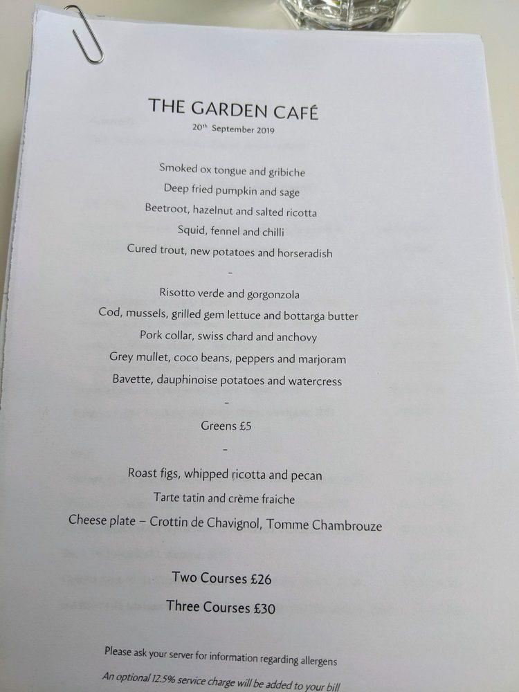 Menu at Garden Museum cafe, London, 5 Lambeth Palace Rd