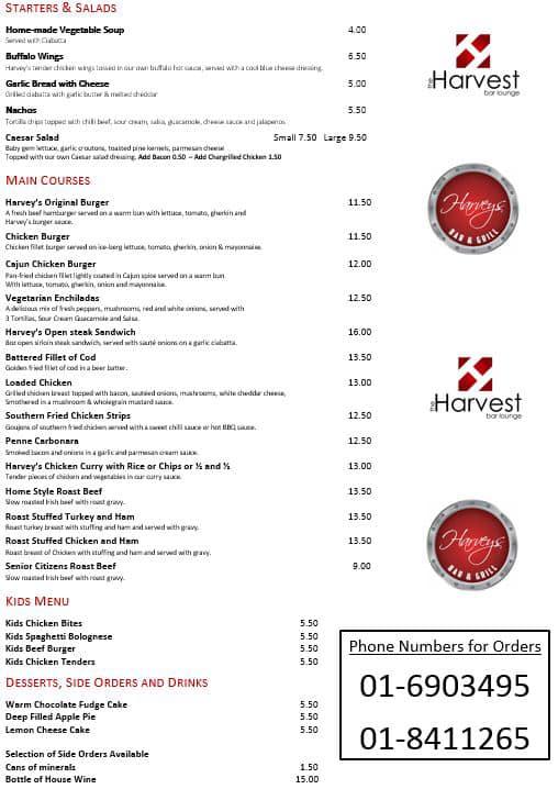 Menu at The Harvest restaurant, Balbriggan, Drogheda St