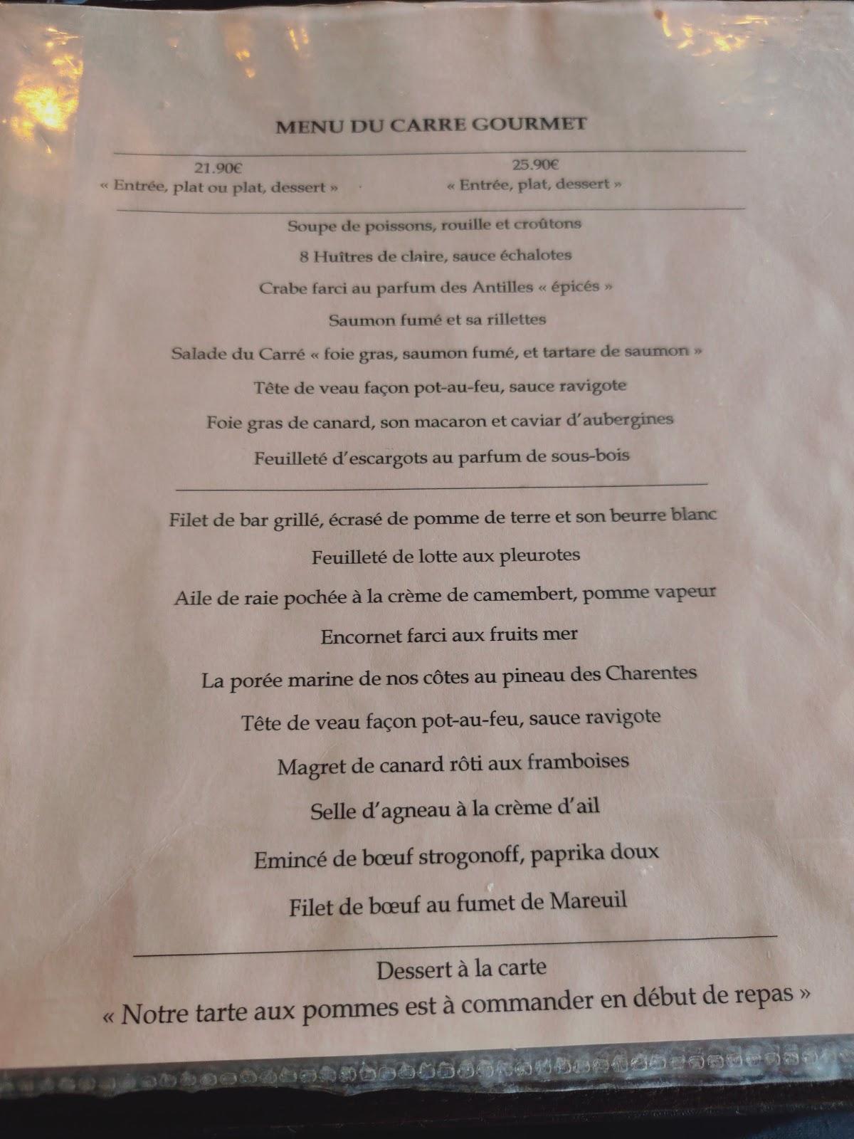 Menu au Le Carré restaurant, Les Sables-d'Olonne