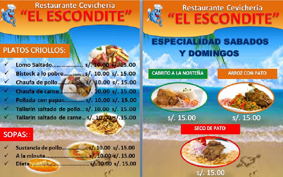 Carta De Restaurante Cevicheria El Escondite Lima