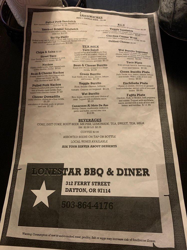 Menu at Lonestar BBQ, Dayton