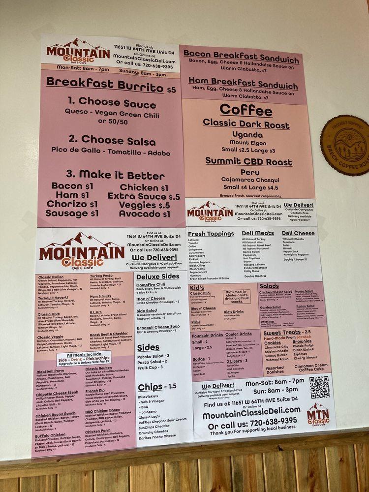 Menu at Mountain Classic Deli & Café cafe, Arvada