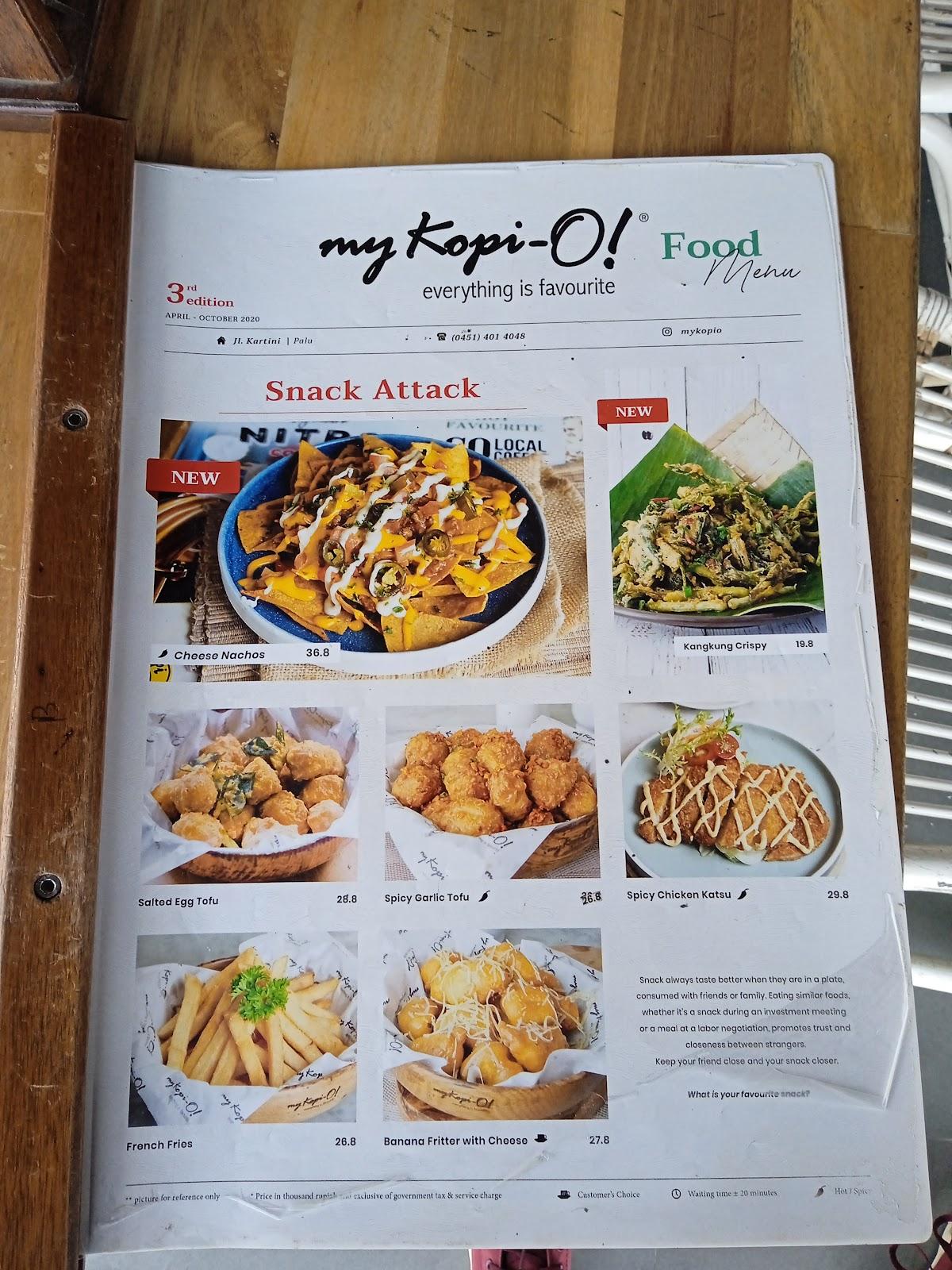 Menu at My Kopi O! cafe, Palu