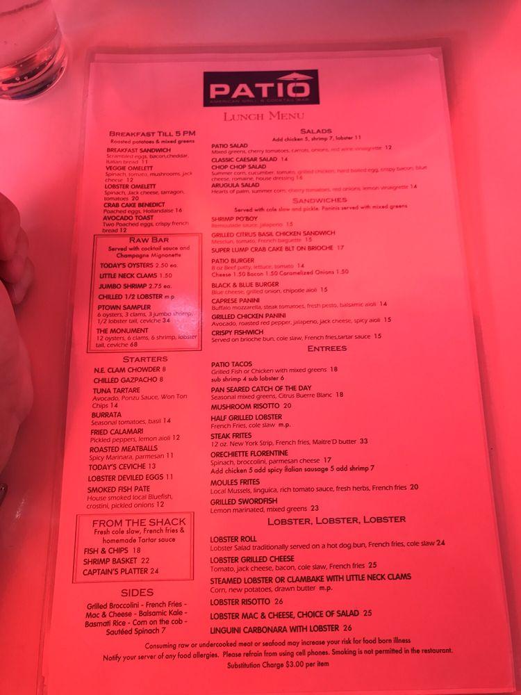 Menu at Patio American Grill & Cocktail Bar, Provincetown