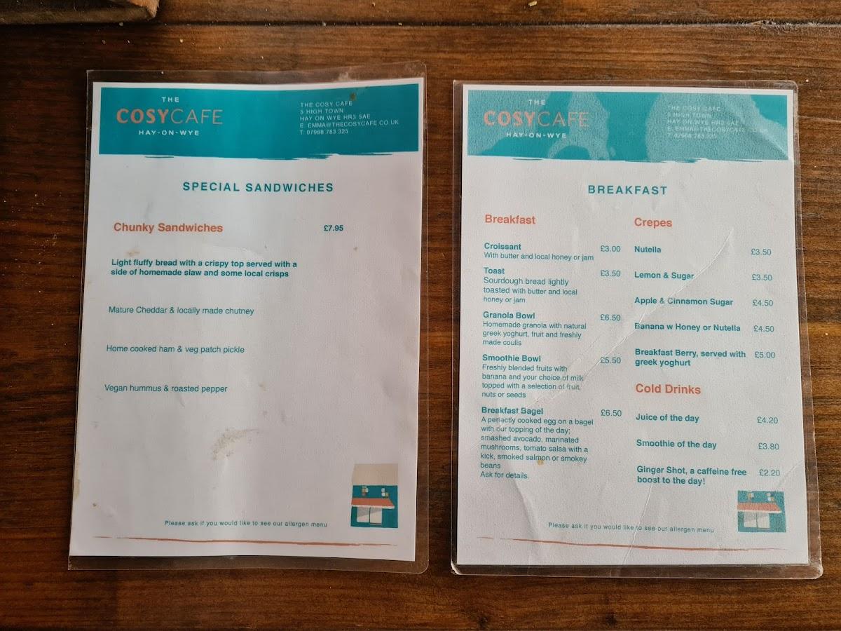 Menu at The Cosy Cafe, HayonWye
