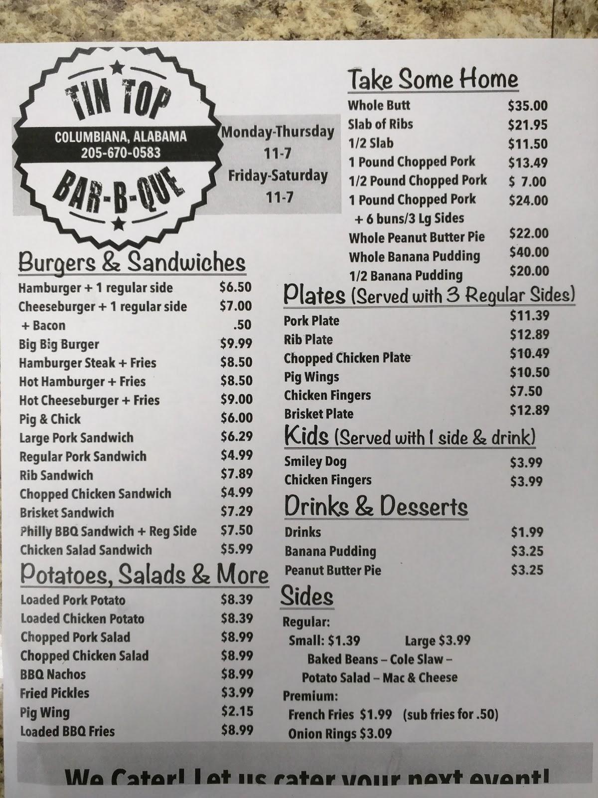 Menu at Tin Top Bar-B-Que 2, Columbiana