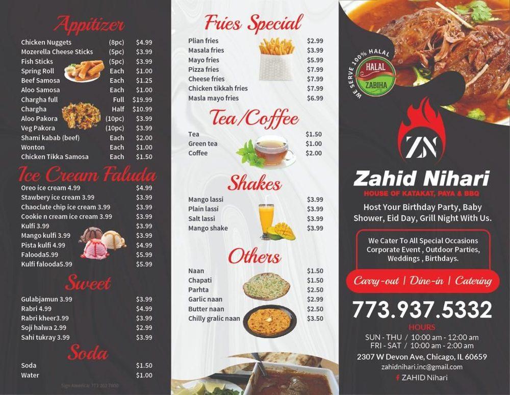 Menu at Zahid Nihari BBQ, Chicago