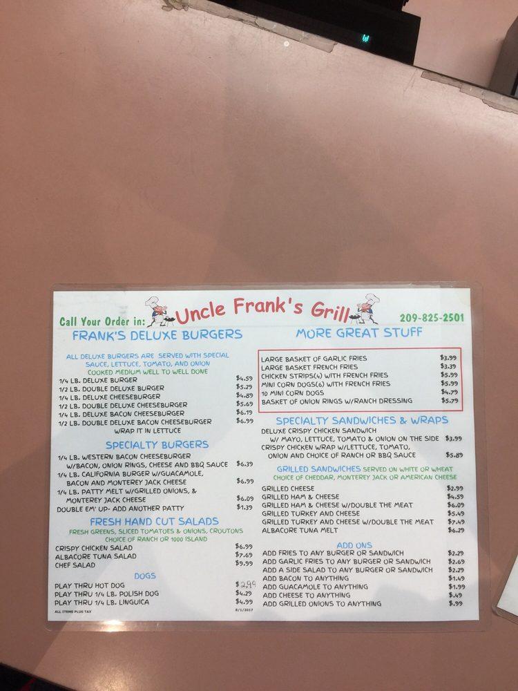 Menu at Uncle Frank's Grill restaurant, Manteca