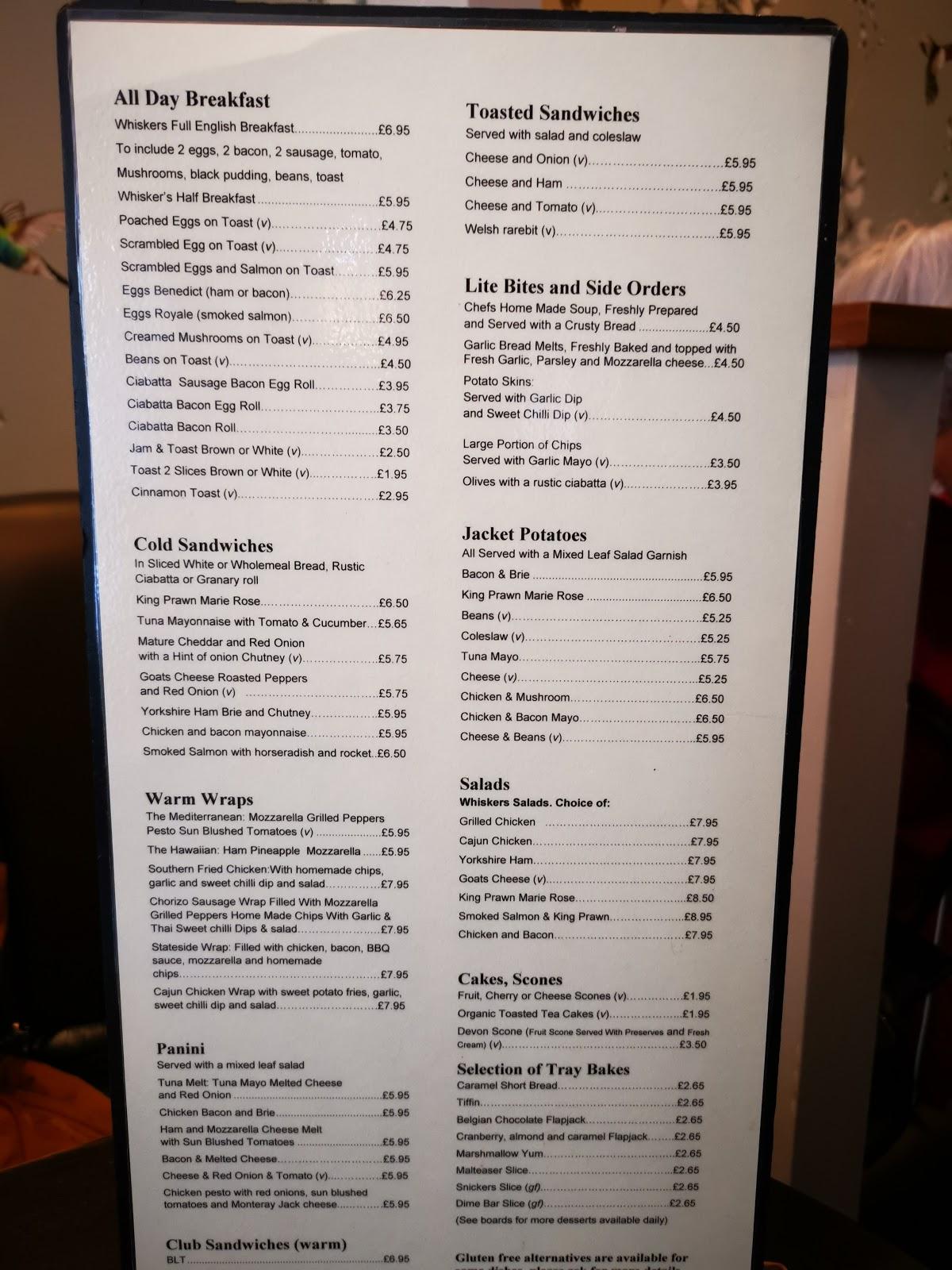 Menu at The Cats Whiskers cafe, Guisborough
