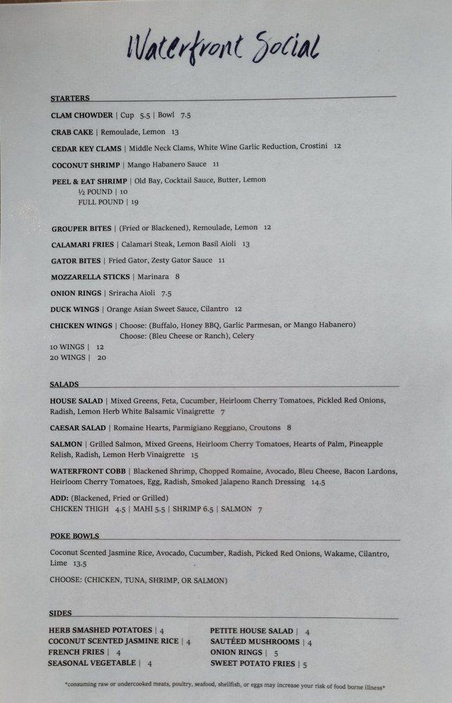 Menu at Waterfront Social pub & bar, Crystal River