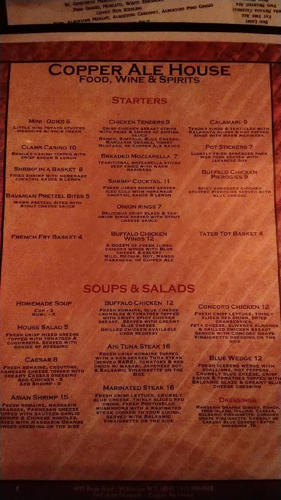 Menu at Copper Ale House pub & bar, Williamson