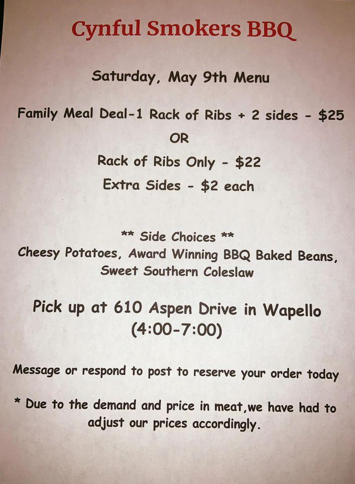 Menu at Cynful Smokers BBQ, Wapello