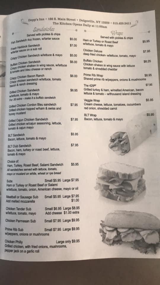 Menu at Dopp's Inn restaurant, Dolgeville