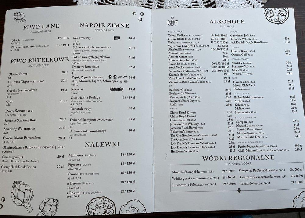 Menu at Morskie Oko restaurant, Kraków