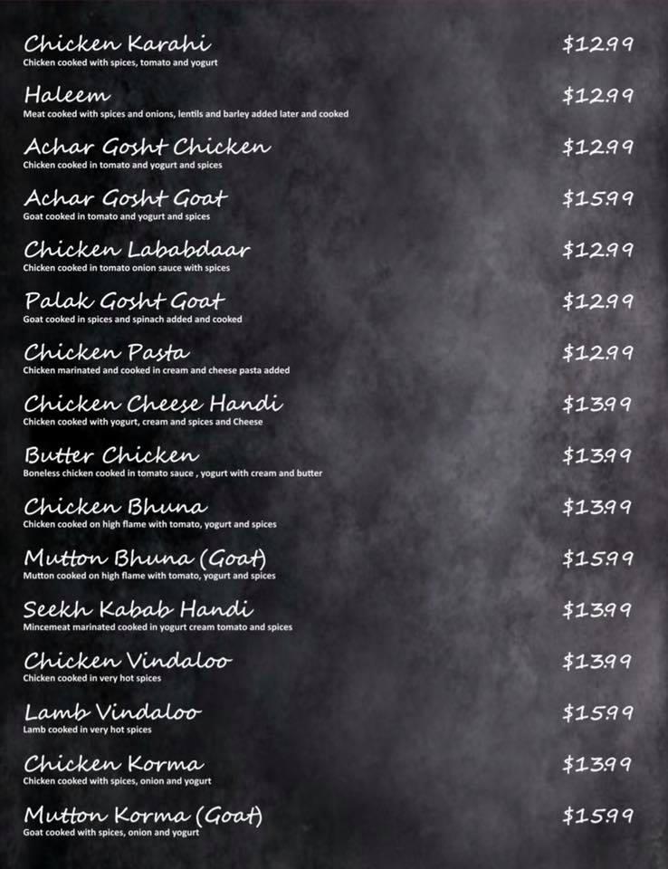 Menu at Flaming Karachi restaurant, East Cannington