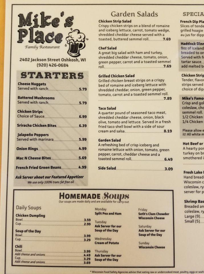 Menu at Mike's Place Family Restaurant, Oshkosh