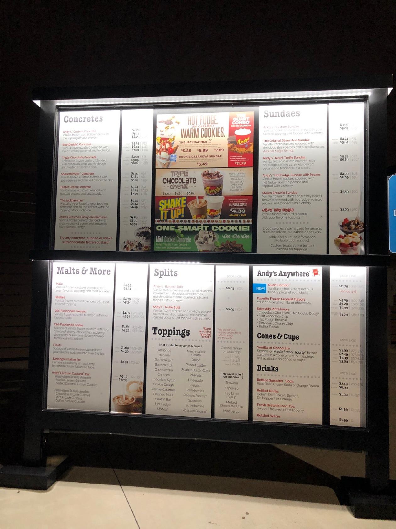 Menu at Andy's Frozen Custard desserts, Greer