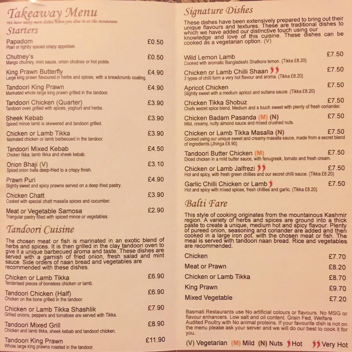 Menu at Basmati Indian Restaurant Chichester, Tangmere