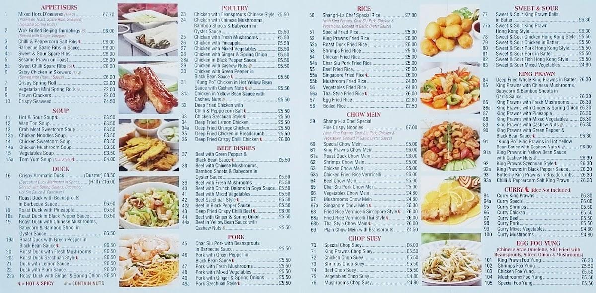 Menu at ShangriLa fast food, Chesham