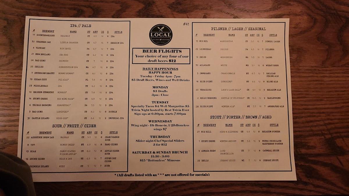 Carta de Local Kitchen & Beer Bar, Fairfield