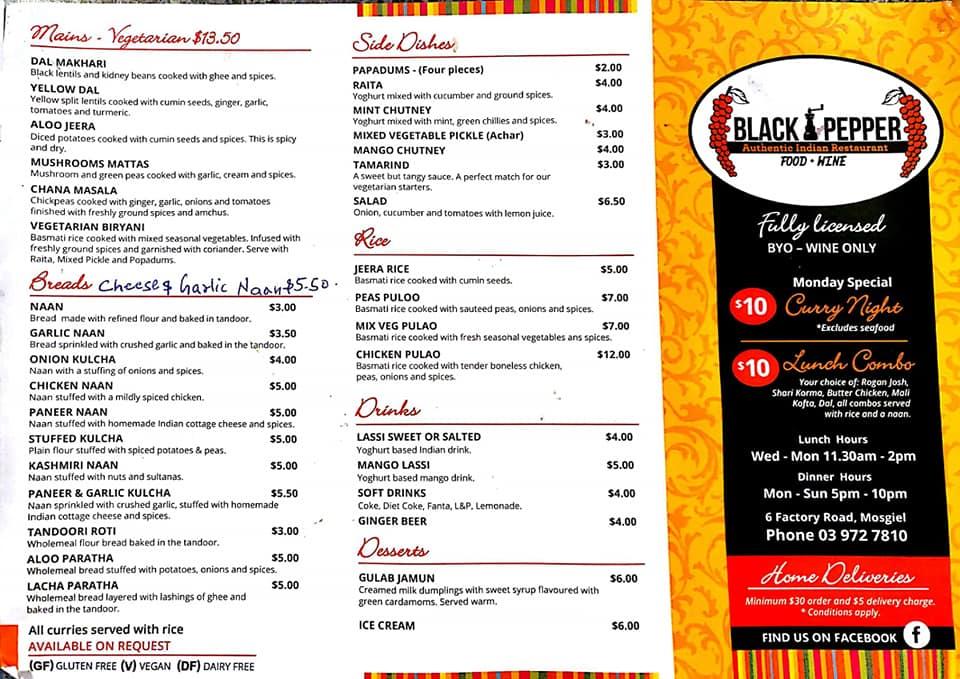 Menu at Black Pepper restaurant, Dunedin
